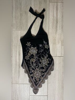 Viva You USA Y2K Black Halter Glitter Floral Halter Top Small